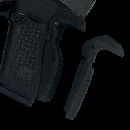 Black tactical grip extension for Glock pistol with ergonomic textured surface